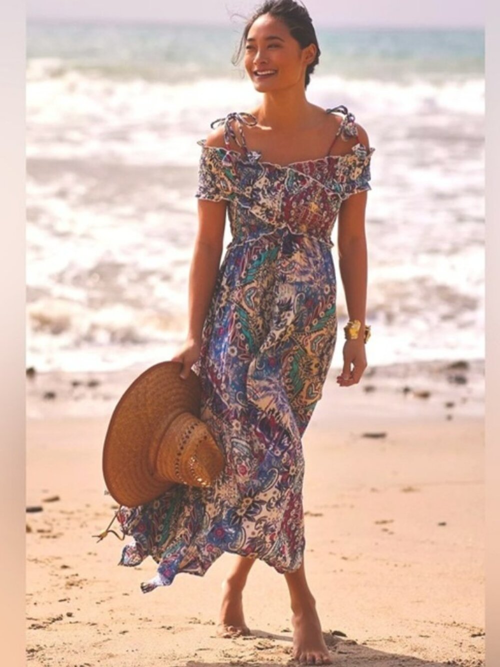 Anthropologie Smocked Multi-Color Gauze Criss-Cross Maxi Dress Sz S
